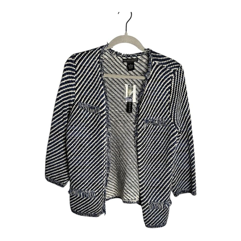 Preswick & Moore Blue White Knit Open Cardigan Sweater Fringe Trim Small